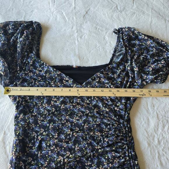 Free People Floral Ruched Puff Sleeve Mini Dress Black Blue Boho Romantic M - Picture 7 of 10